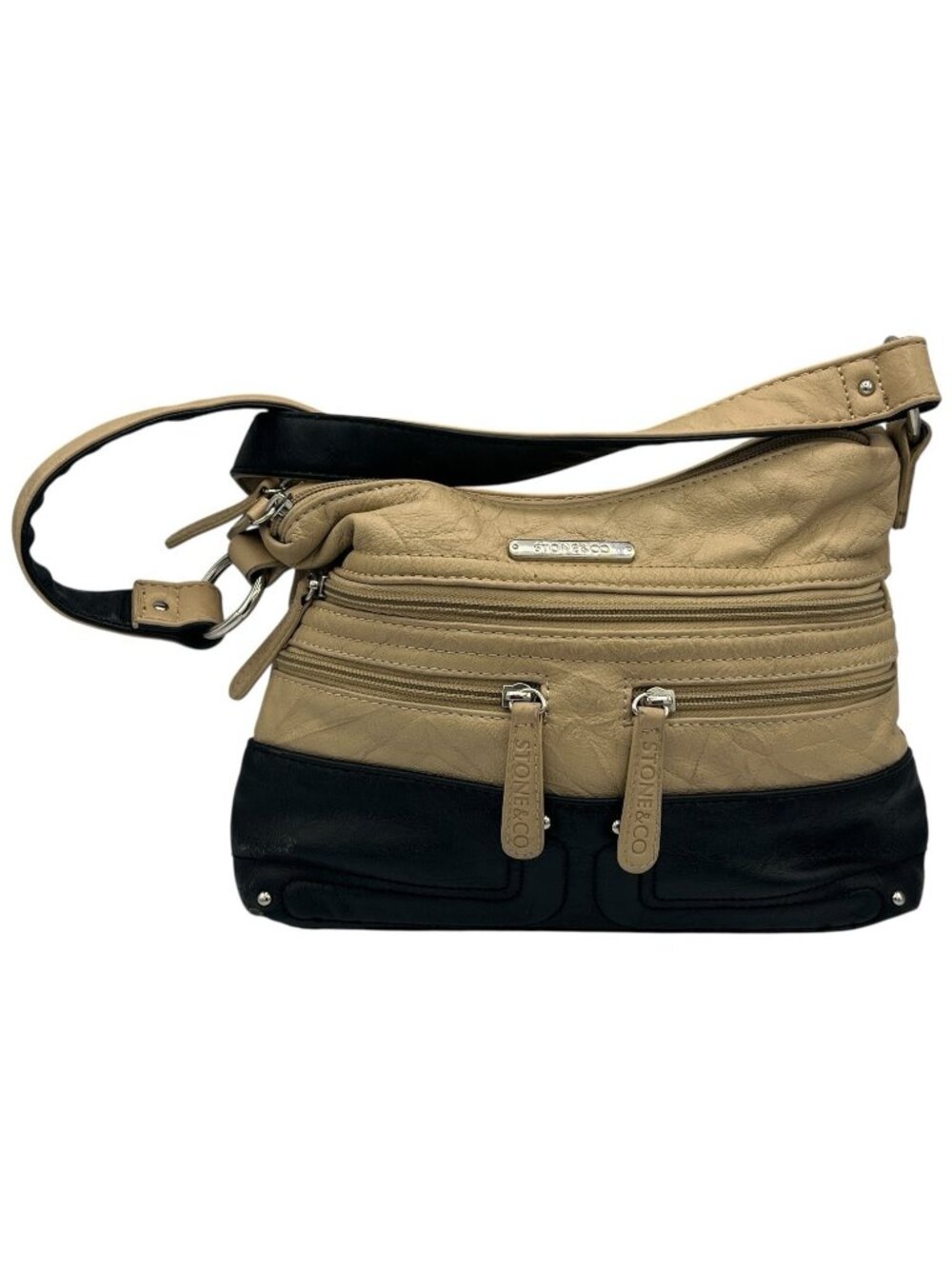 Stone & Co Cross Body Shoulder Bag Beige & Black Multi Zipper Faux Leather
